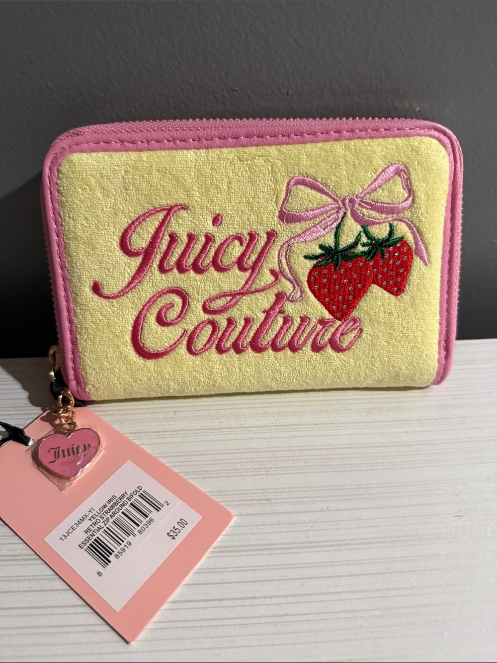 Juicy couture yellow Irish retro strawberries zip around bifold $35 new with tag